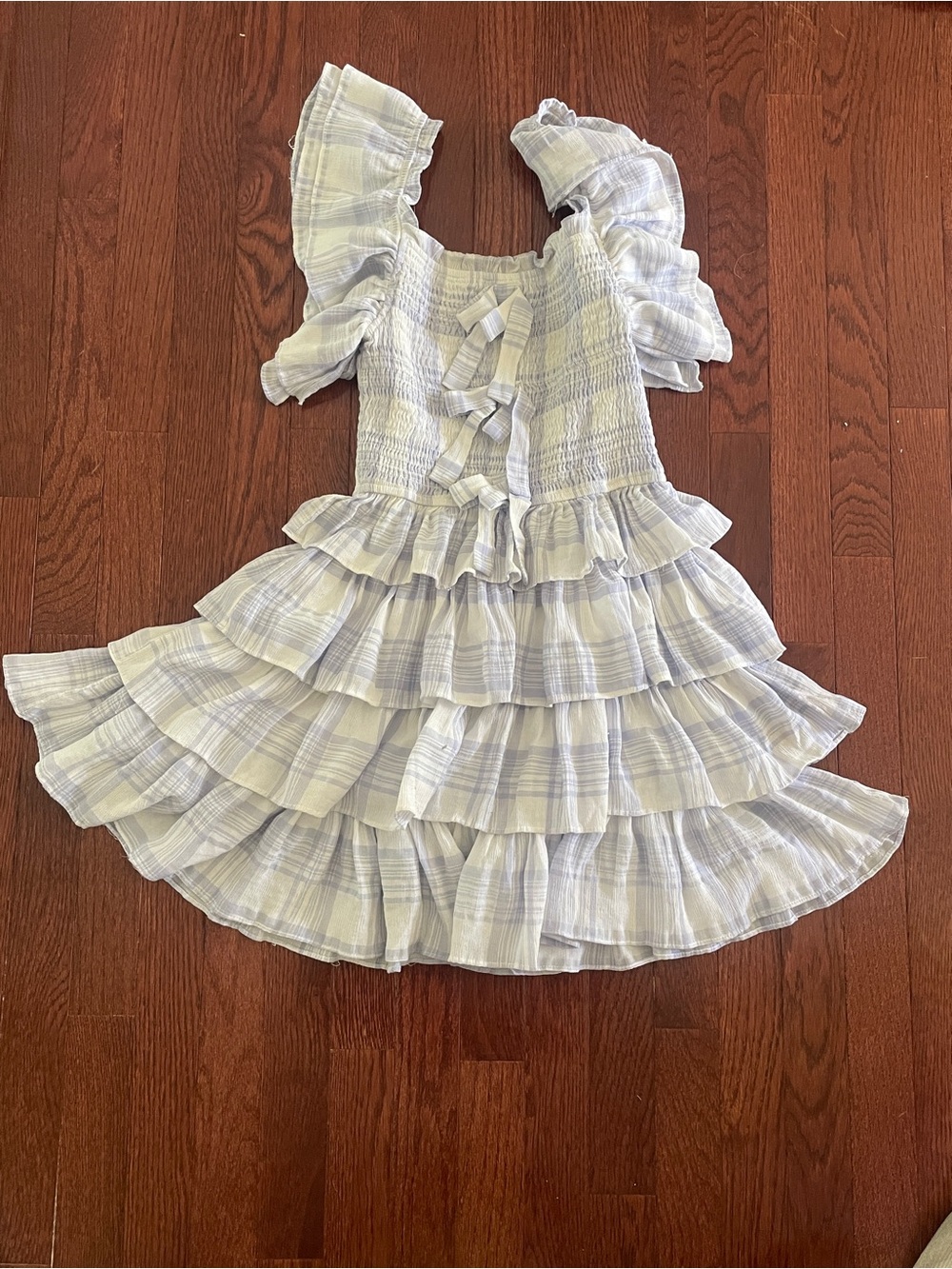 MARBLE Light Blue & White Ruffle Tiered Smocked Dress